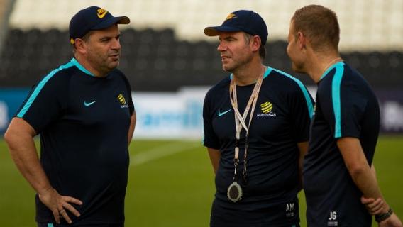 Olyroos coach Josep Gombau alongside Caltex Socceroos boss Ange Postecoglou and assistant Ante Milicic.