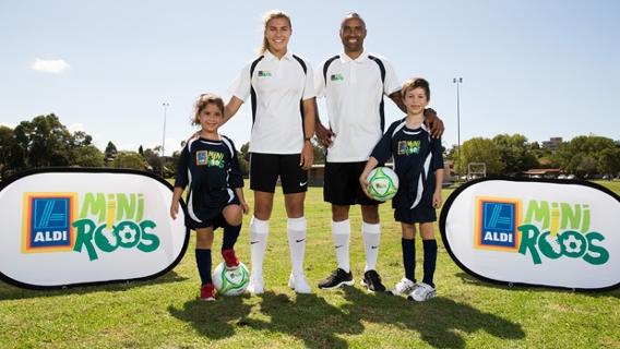 Aldi Mini Roos ambassadors Steph Catley and Archie Thompson