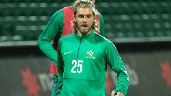 Luke Brattan on the ball during a recent Socceroos camp.