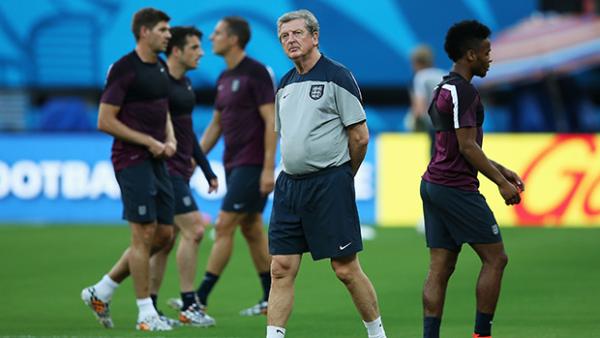 Hodgson looks on during an England training session in Brazil.