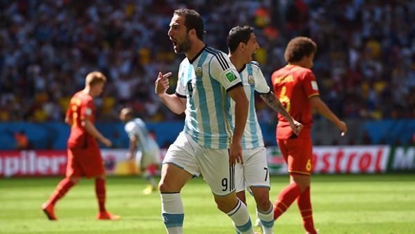 Gonzalo Higuain celebrates opening the scoring in the quarter-final against Belgium.