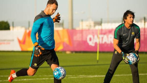 Olyroos goalkeeper Jack Duncan takes part in a training drill in Qatar.