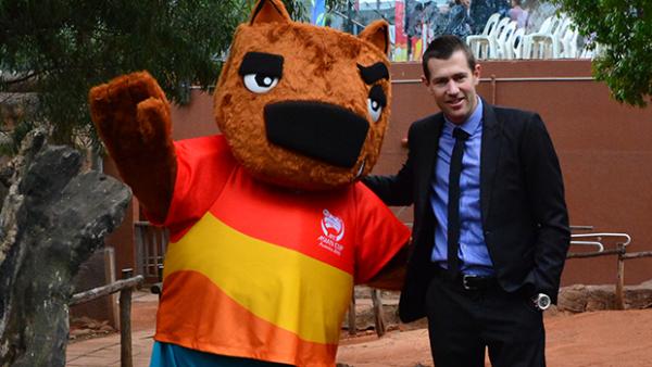 Nutmeg the Wombat with former Socceroo Brett Emerton.