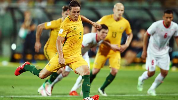 Mark Milligan slots a penalty against Tajikistan in Adelaide.